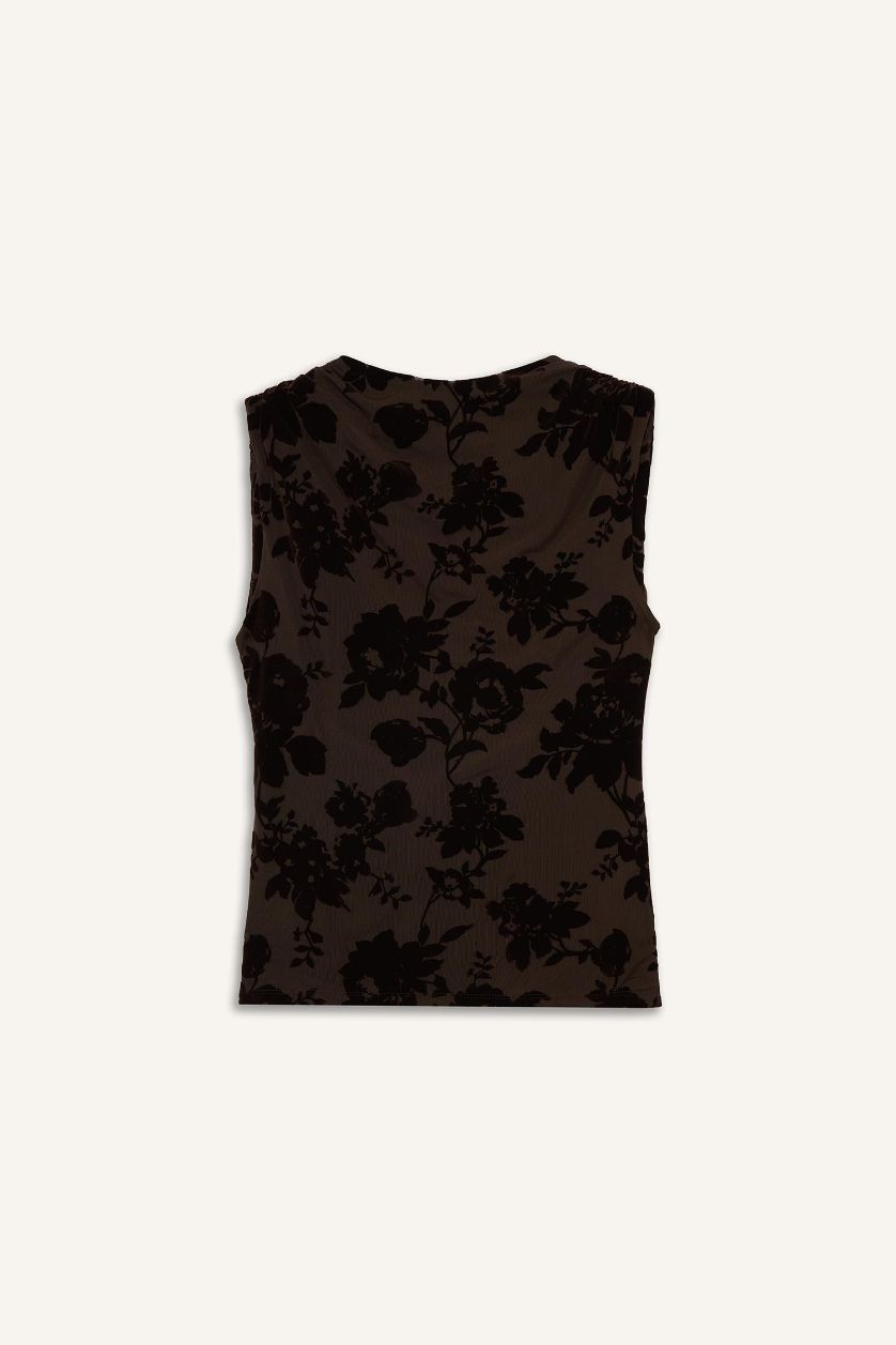 Kadın Koyu Kahve Yuvarlak Yaka Çiçekli Tül Kolsuz Bluz