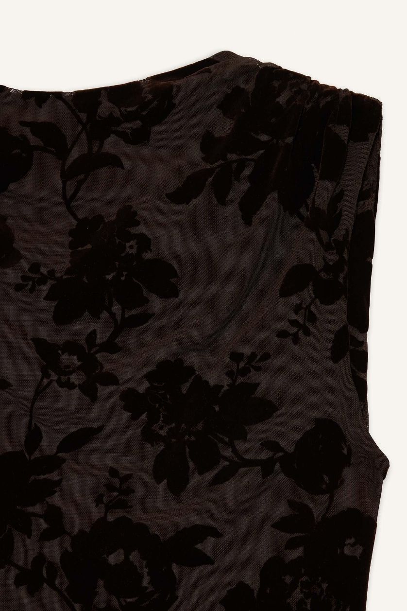 Kadın Koyu Kahve Yuvarlak Yaka Çiçekli Tül Kolsuz Bluz