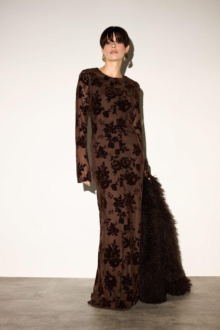 Kadın Kahve Skinny Fit Çiçek Desenli Tül Uzun Kollu Maxi Elbise