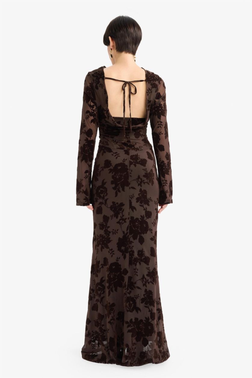 Kadın Kahve Skinny Fit Çiçek Desenli Tül Uzun Kollu Maxi Elbise