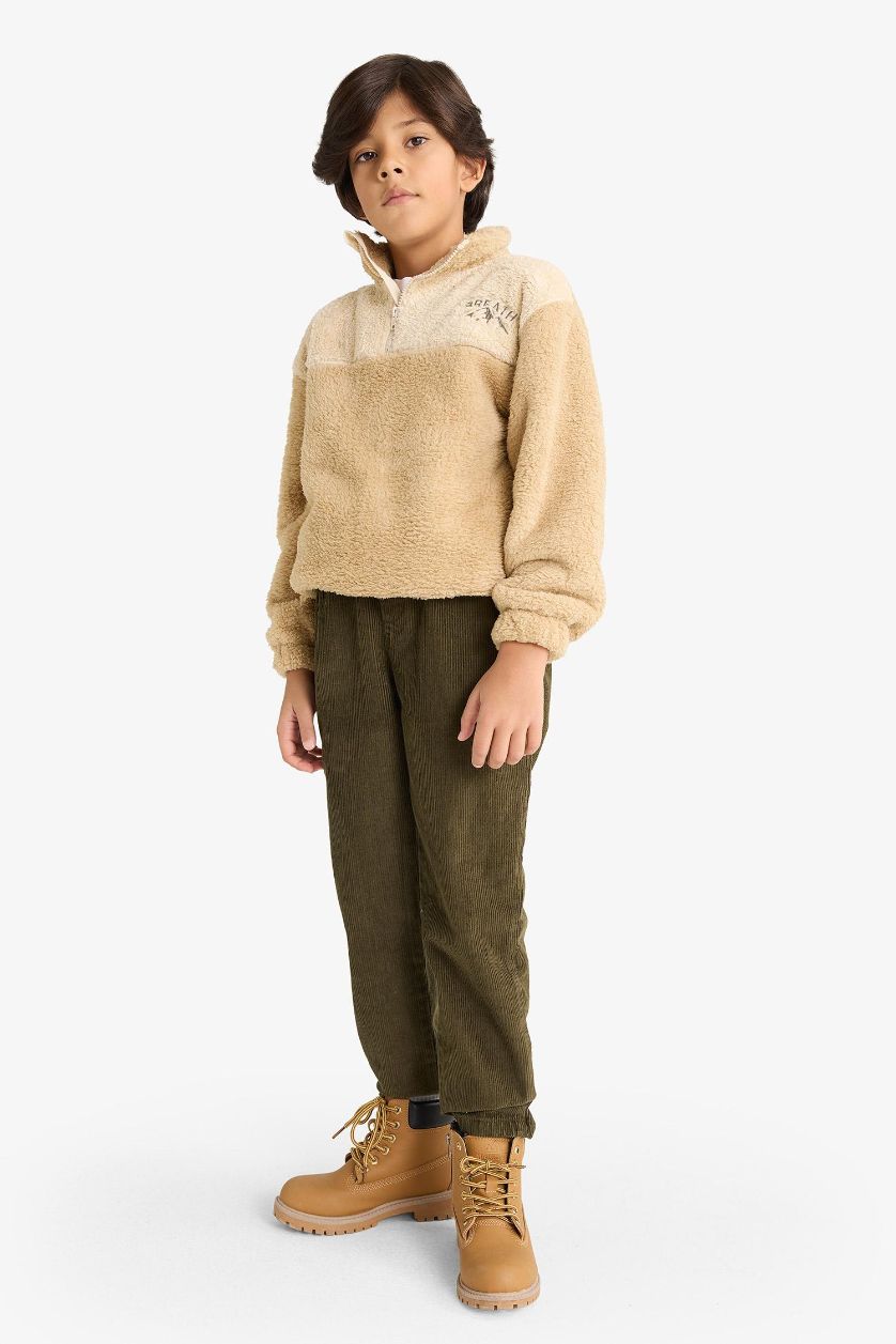 Erkek Çocuk - Genç Erkek Bej Fermuarlı Yaka Nakışlı Pelüş Sweatshirt Erkek Çocuk