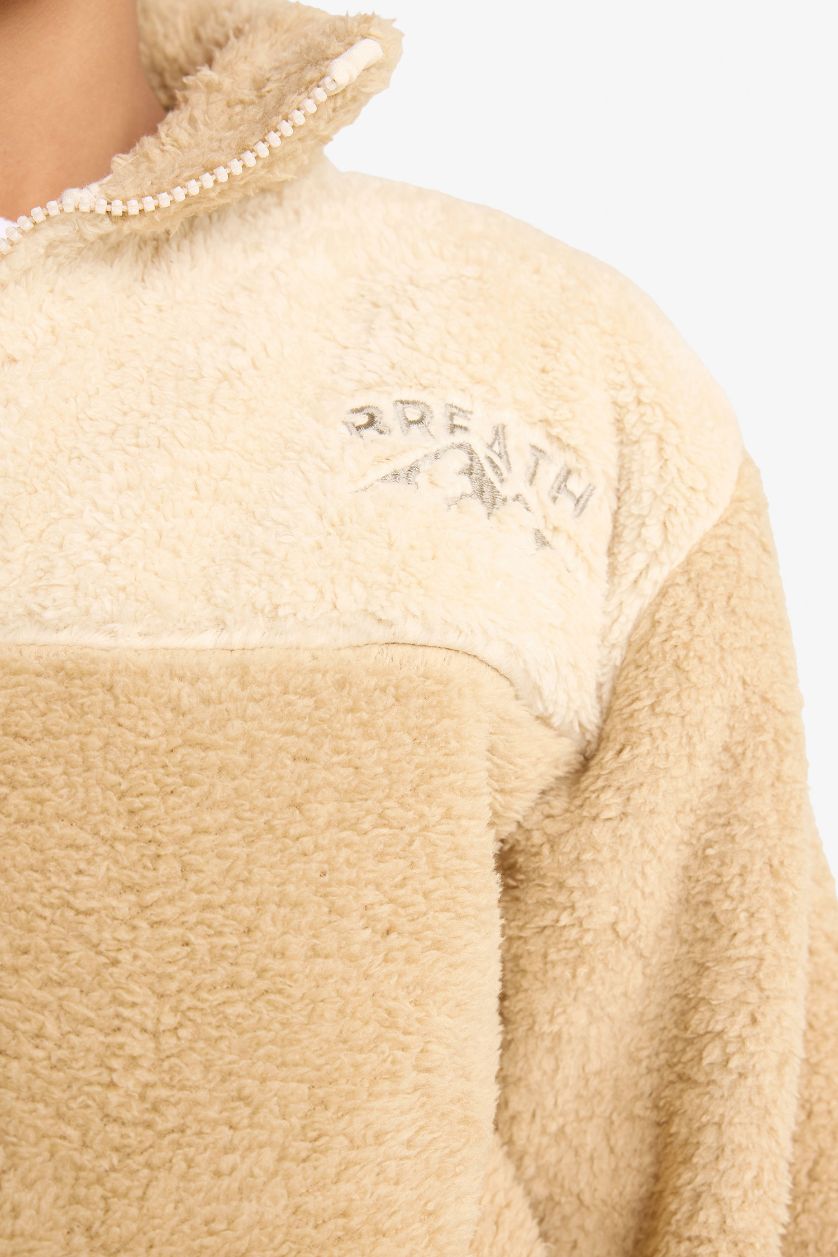 Erkek Çocuk - Genç Erkek Bej Fermuarlı Yaka Nakışlı Pelüş Sweatshirt Erkek Çocuk