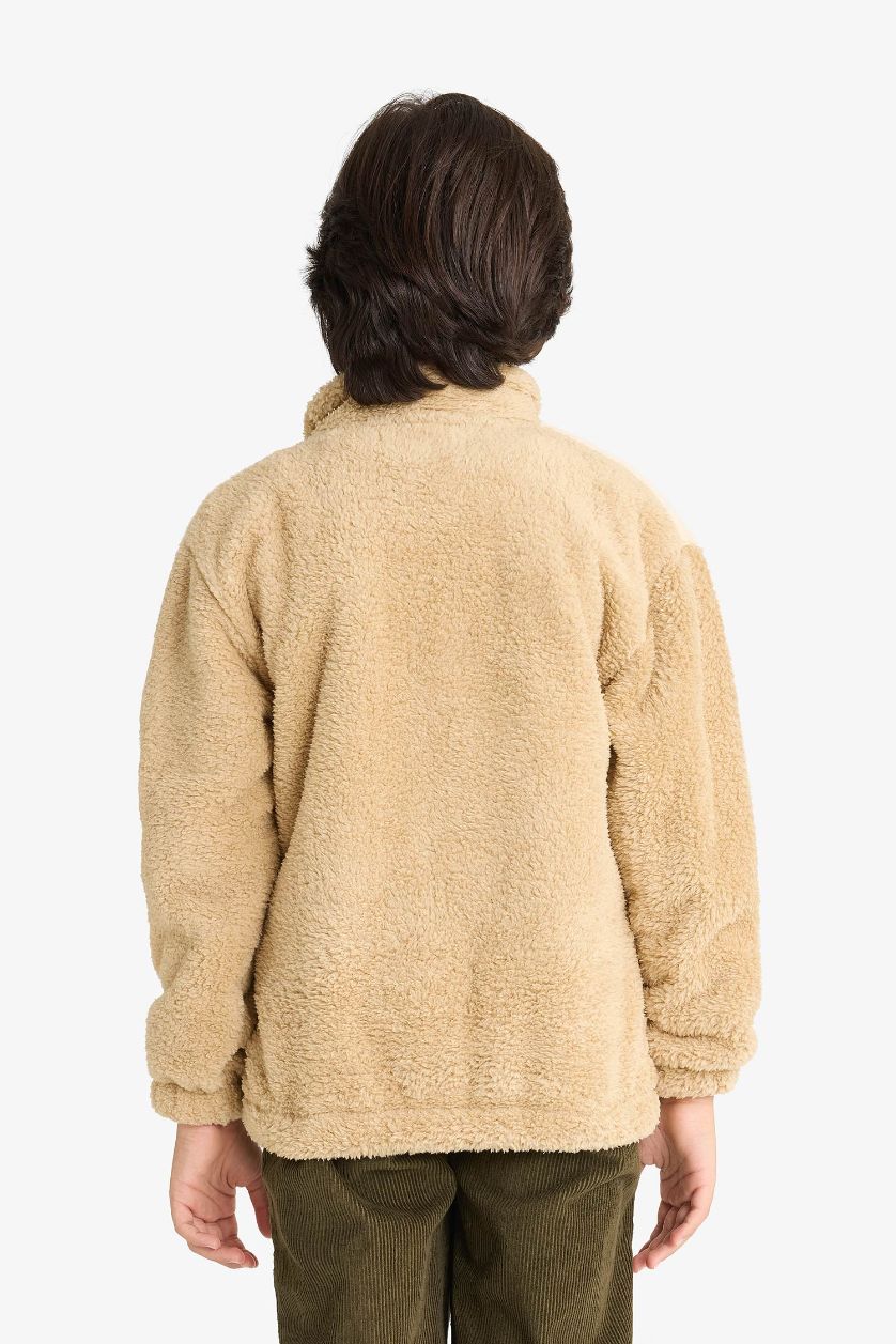 Erkek Çocuk - Genç Erkek Bej Fermuarlı Yaka Nakışlı Pelüş Sweatshirt Erkek Çocuk