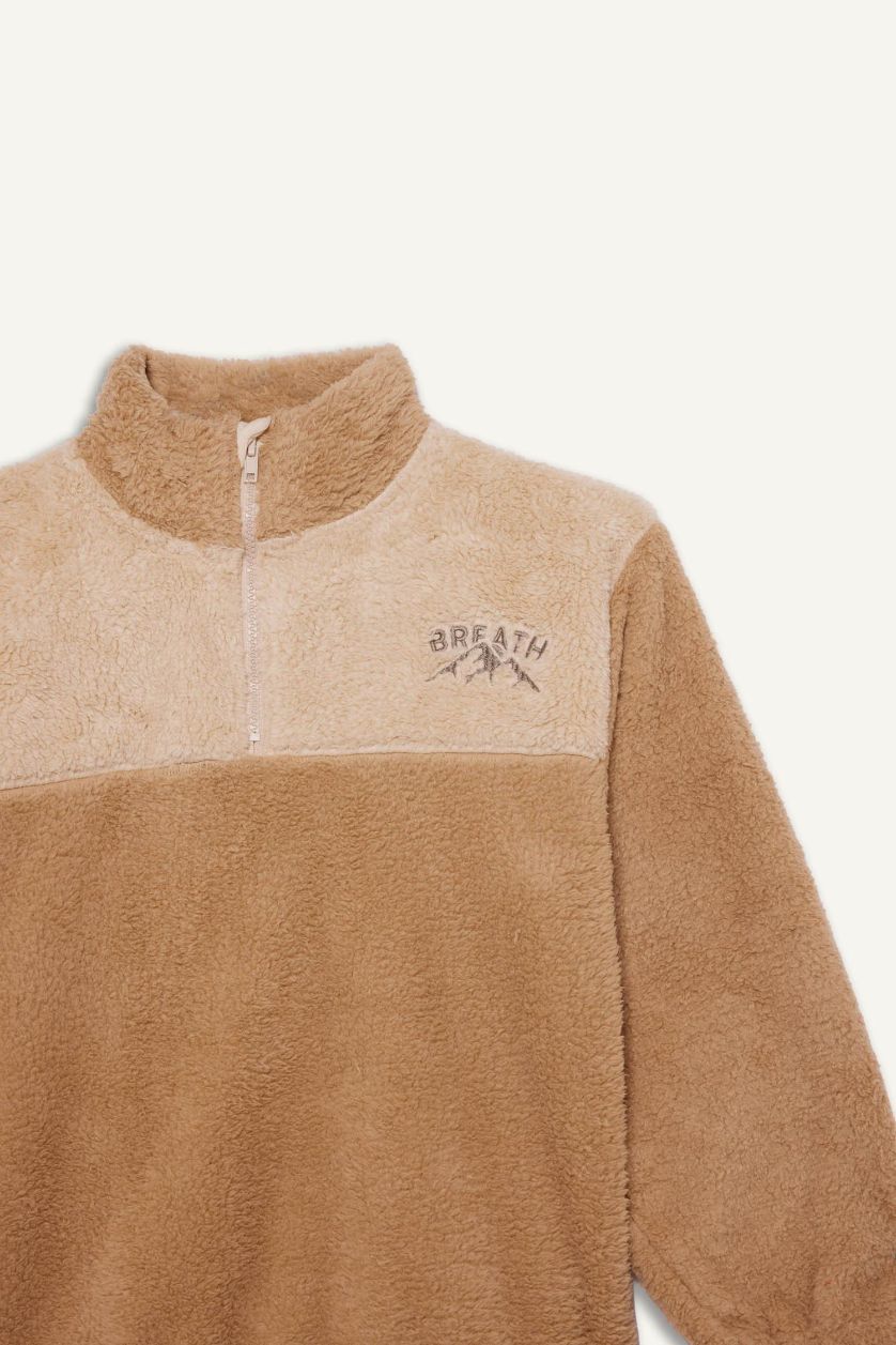 Erkek Çocuk - Genç Erkek Bej Fermuarlı Yaka Nakışlı Pelüş Sweatshirt Erkek Çocuk