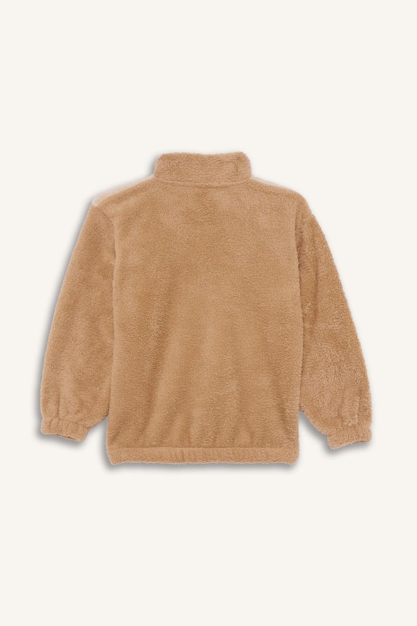 Erkek Çocuk - Genç Erkek Bej Fermuarlı Yaka Nakışlı Pelüş Sweatshirt Erkek Çocuk