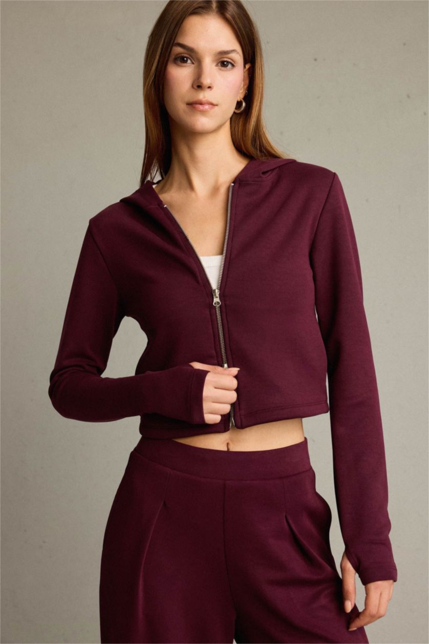Kadın Bordo Kapüşonlu Fermuarlı Modal Hırka