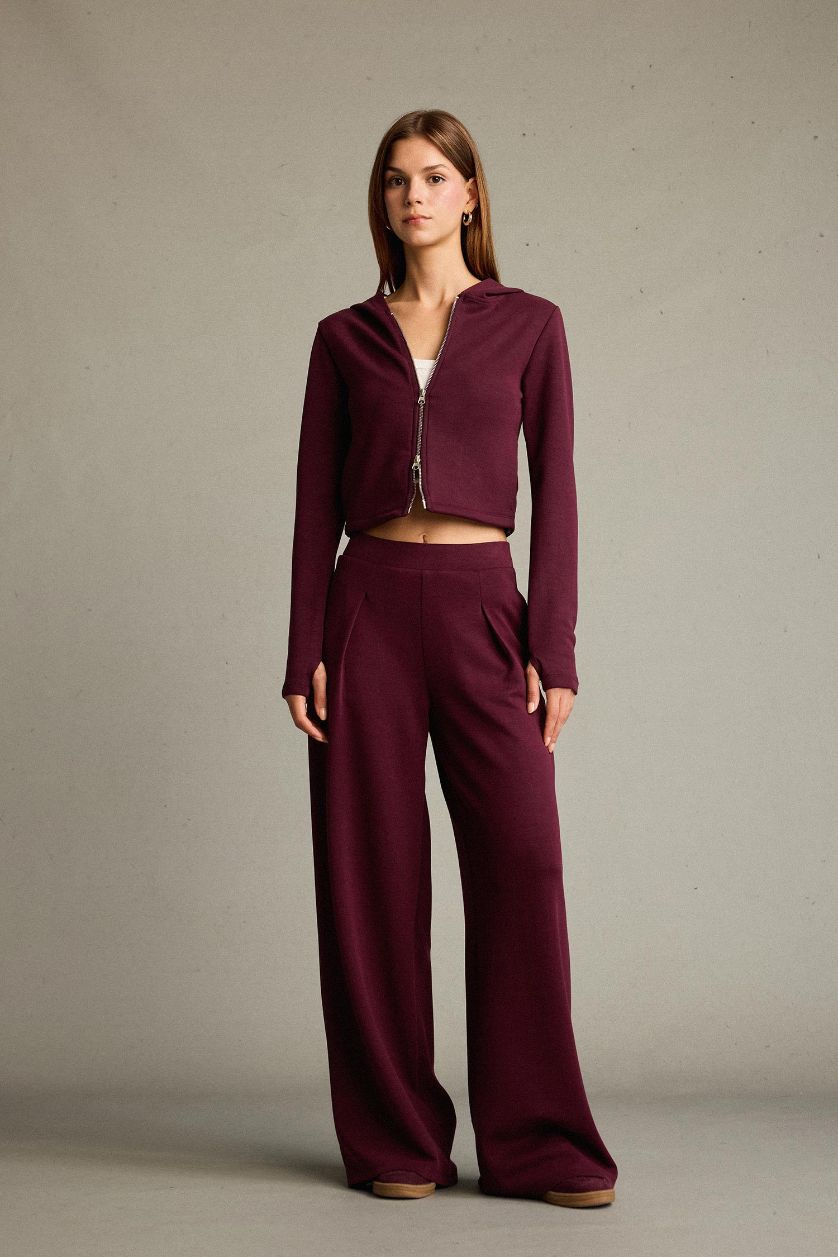 Kadın Bordo Kapüşonlu Fermuarlı Modal Hırka