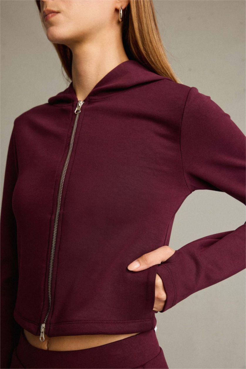 Kadın Bordo Kapüşonlu Fermuarlı Modal Hırka