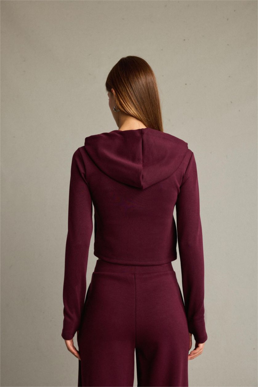 Kadın Bordo Kapüşonlu Fermuarlı Modal Hırka