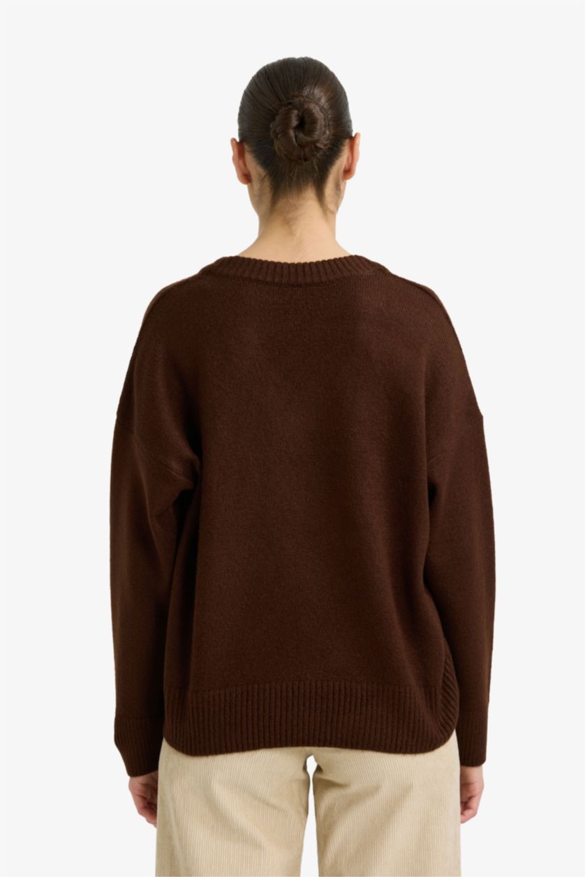 Kadın Kahve Oversıze V Yaka Triko Kazak