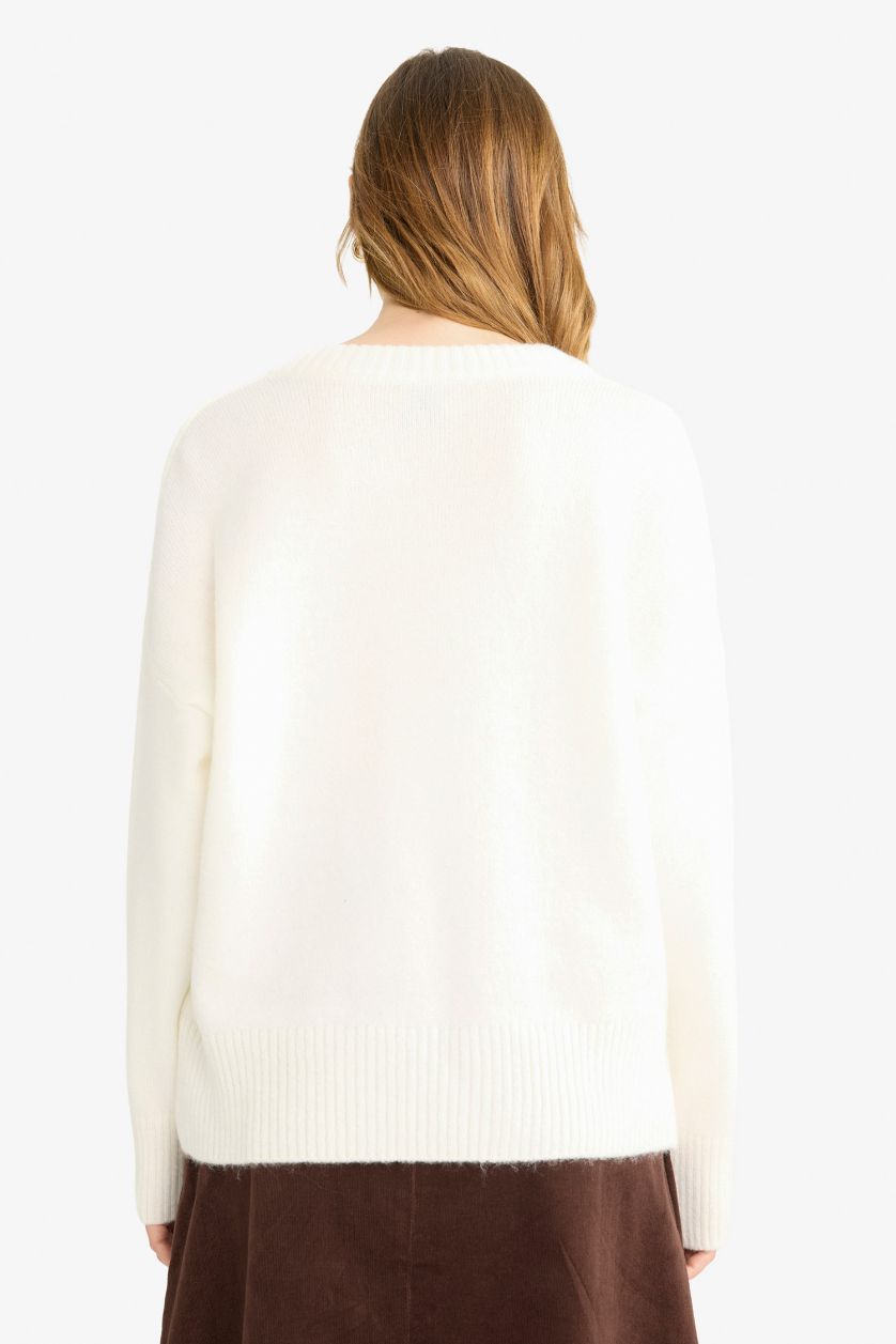 Kadın Ekru Oversize Geniş Kalıp V Yaka Triko Kazak