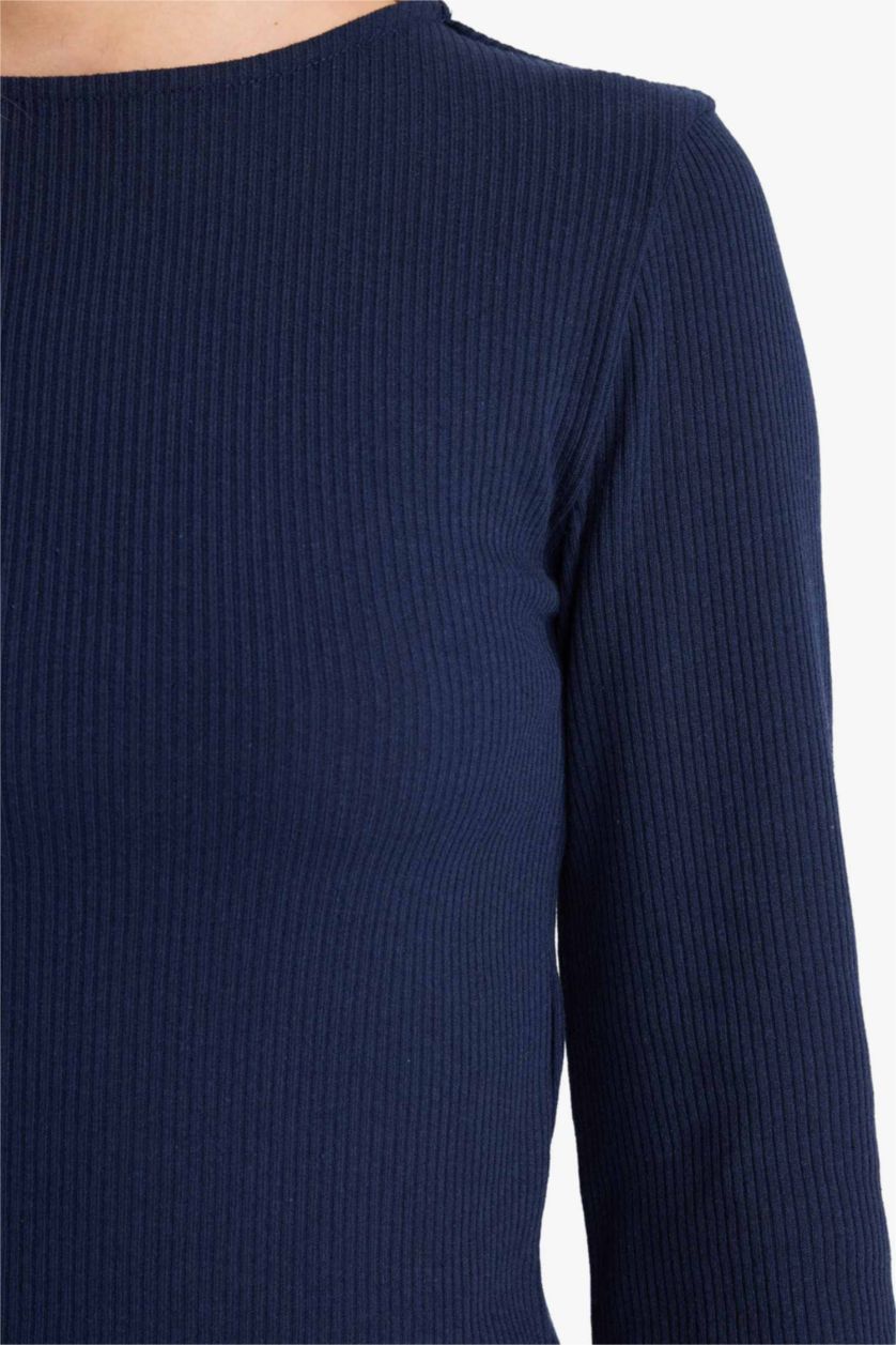 Kadın Lacivert Fıtted Bisiklet Yaka Fitilli Kaşkorse Uzun Kollu Tişört