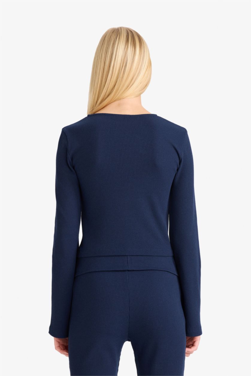 Kadın Lacivert Fıtted Bisiklet Yaka Fitilli Kaşkorse Uzun Kollu Tişört