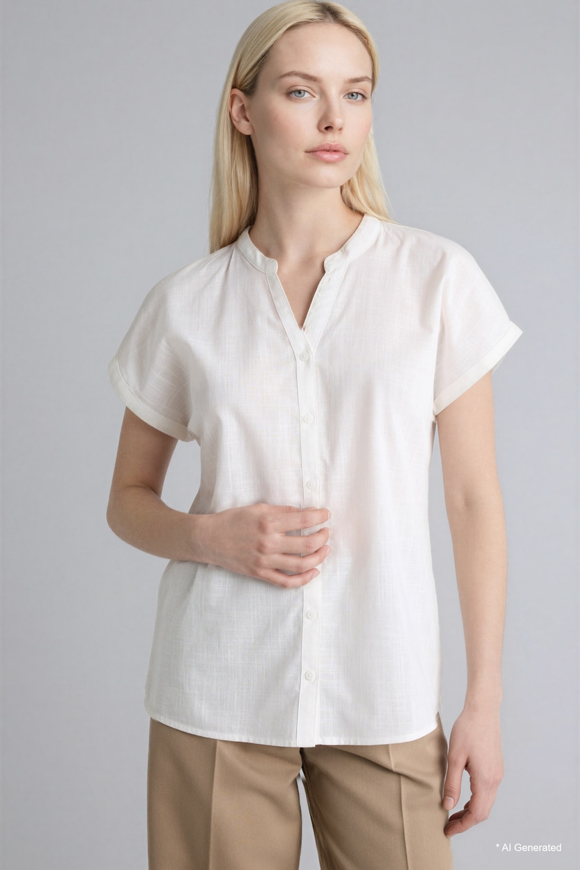 WOMAN Ecru Cotton Crew Neck Short Sleeve Shirt