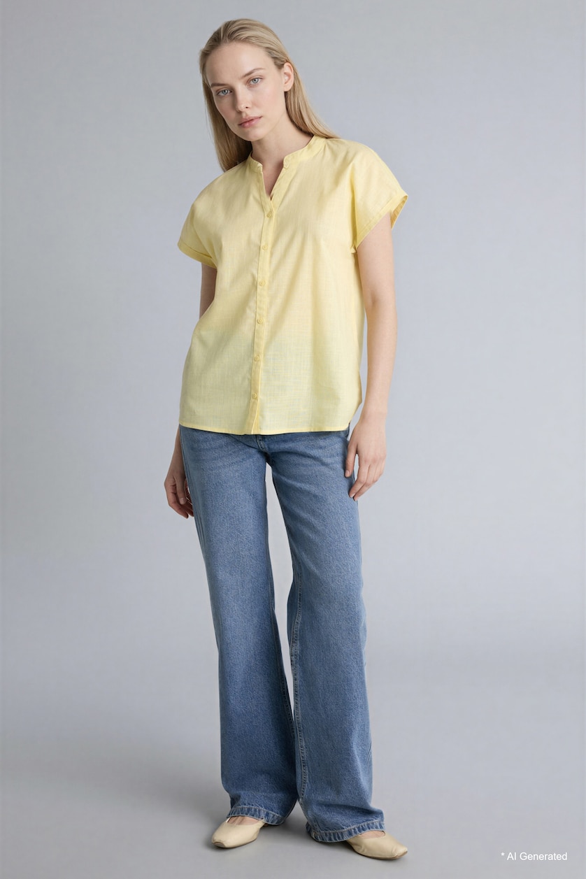 FEMME Jaune Chemise en coton flammé manches courtes