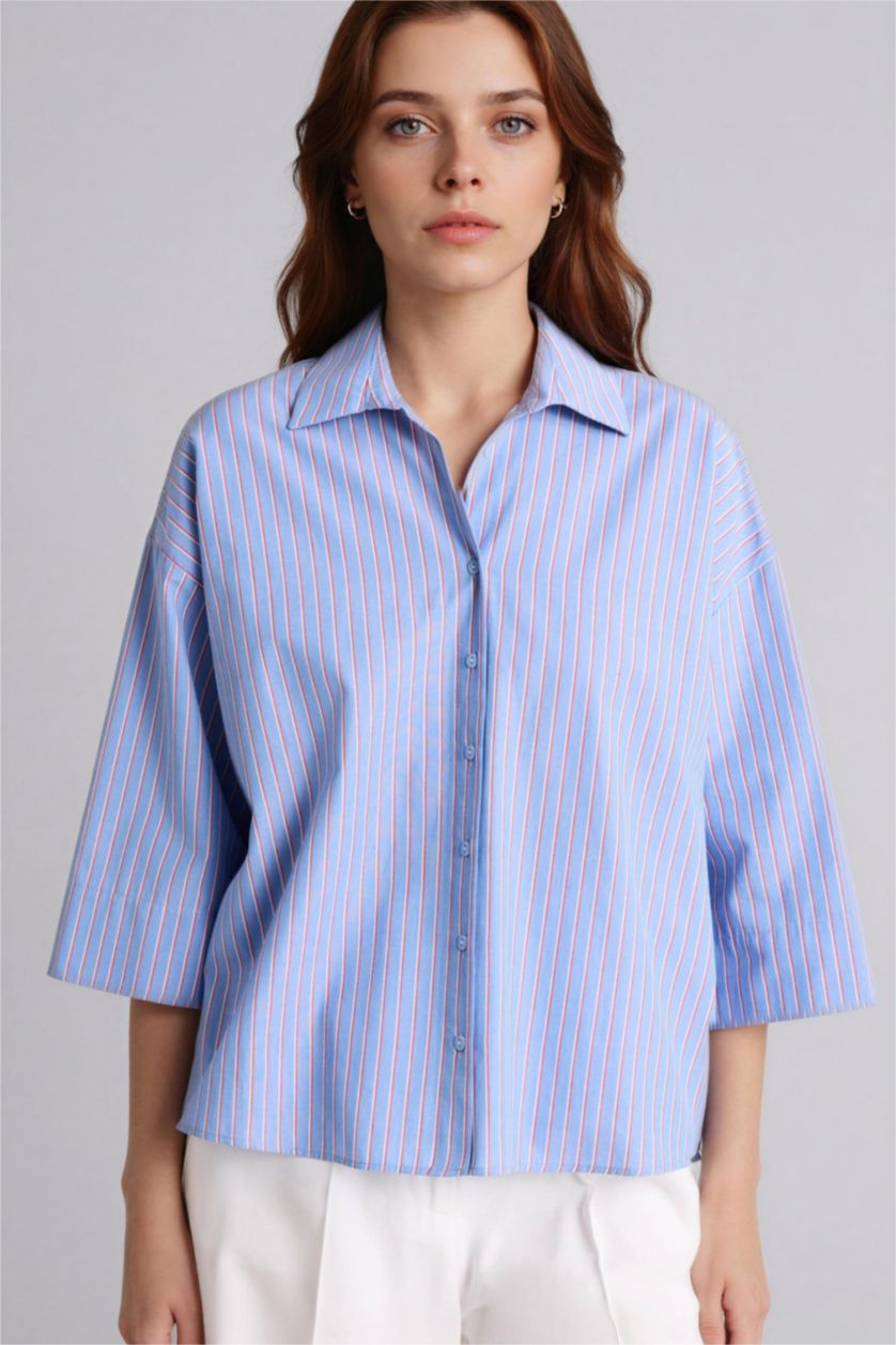 حريمي أزرق فاتح قميص كم طويل بوبلين قصة مريحة