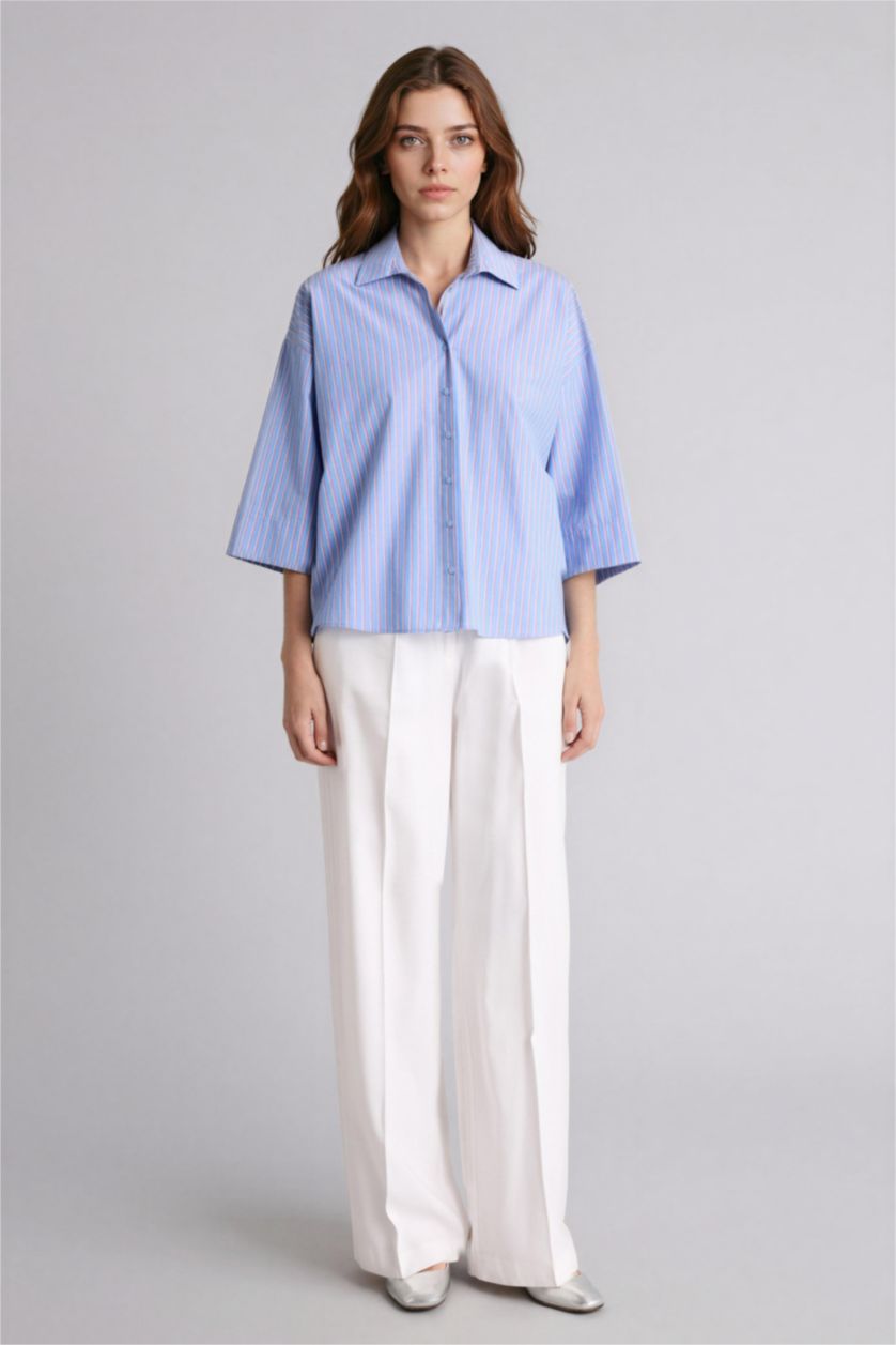 حريمي أزرق فاتح قميص كم طويل بوبلين قصة مريحة