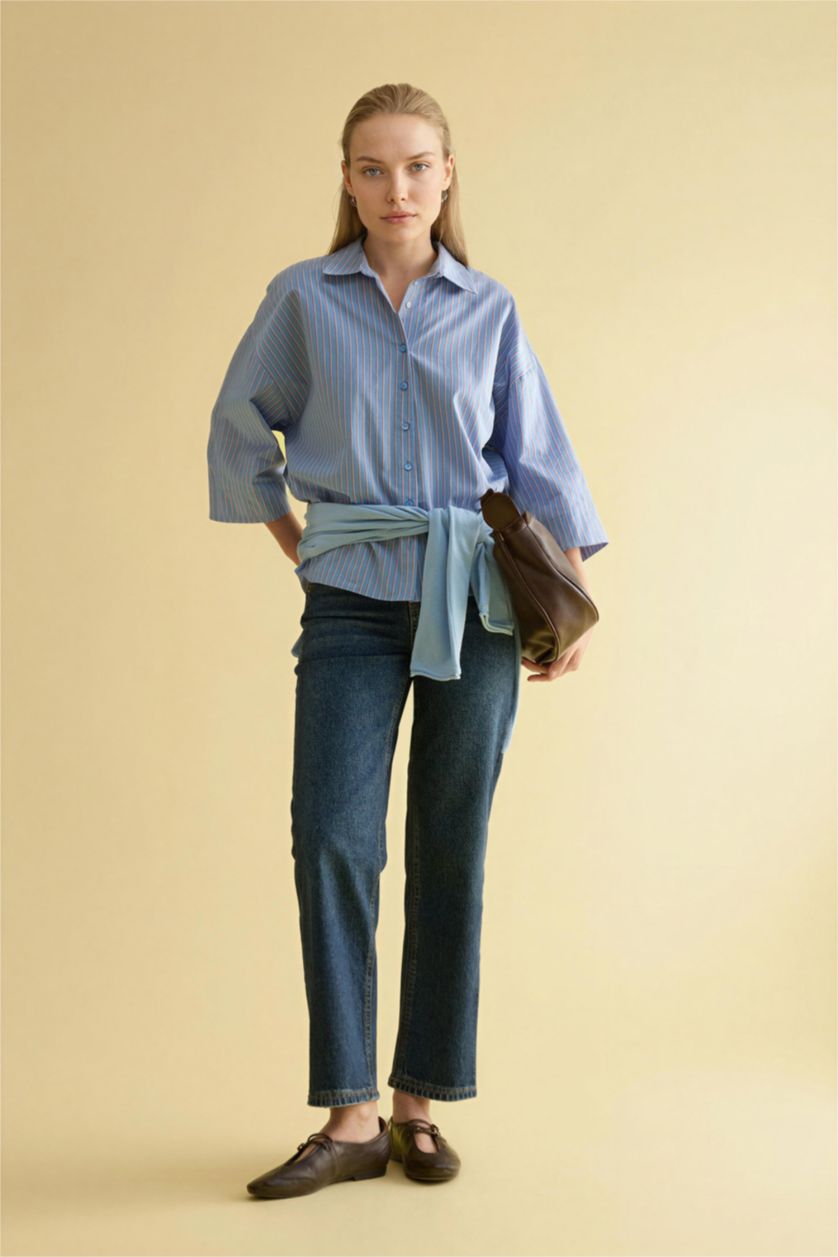 WOMAN Light Blue Relax Fit Shirt Collar Poplin Long Sleeve Shirt