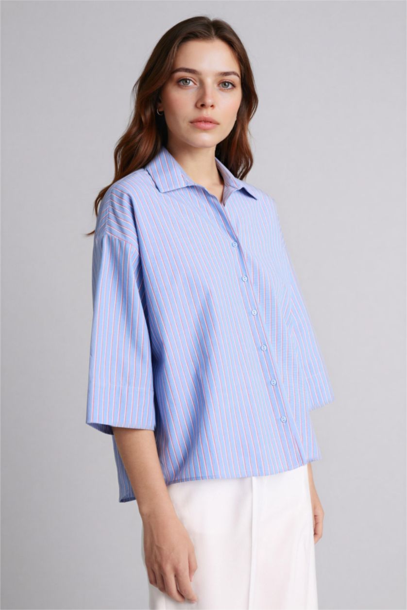 حريمي أزرق فاتح قميص كم طويل بوبلين قصة مريحة