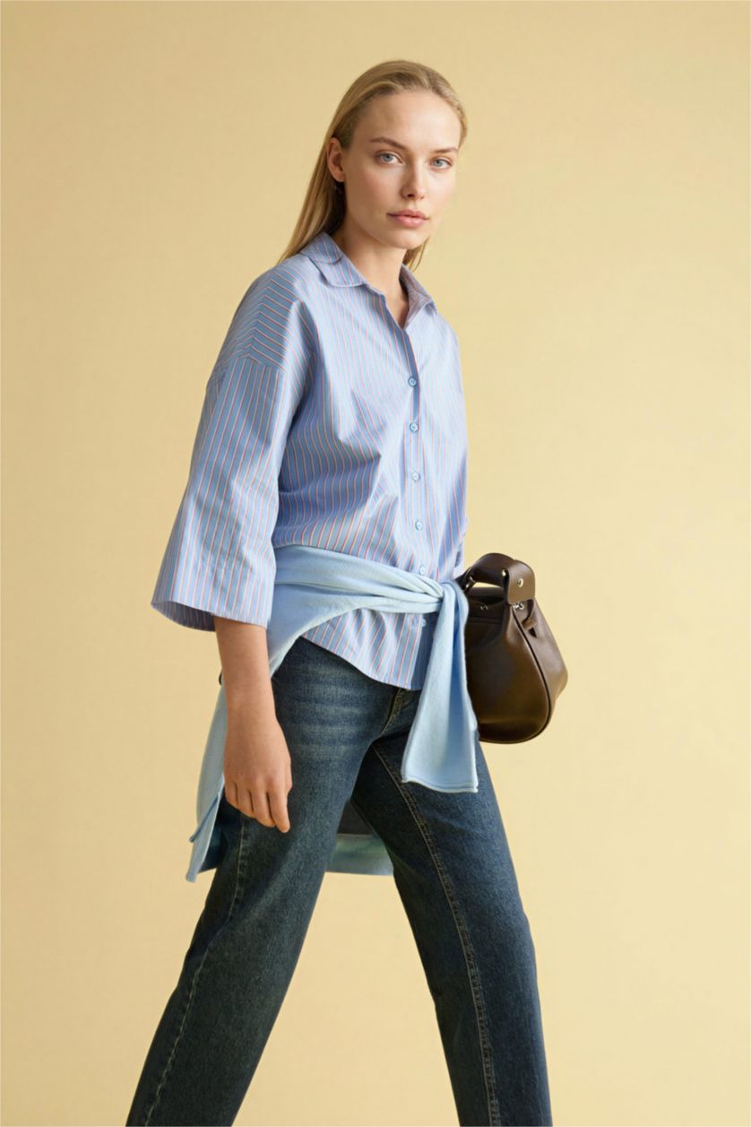 WOMAN Light Blue Relax Fit Shirt Collar Poplin Long Sleeve Shirt