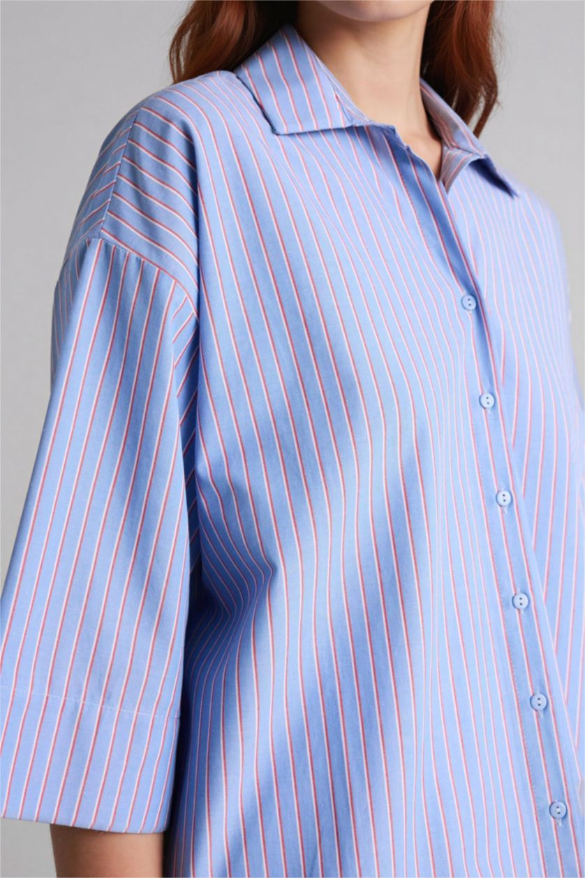 حريمي أزرق فاتح قميص كم طويل بوبلين قصة مريحة