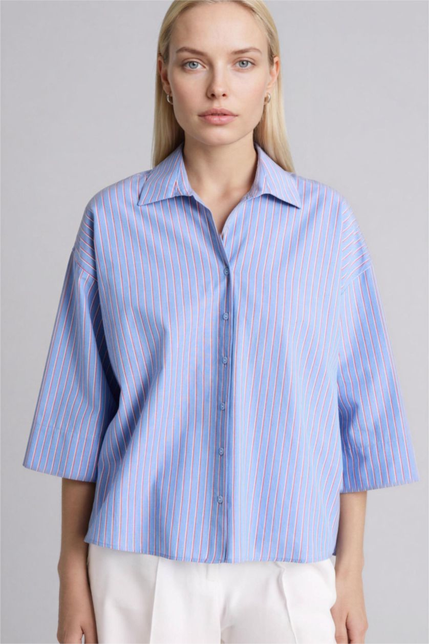 WOMAN Light Blue Relax Fit Shirt Collar Poplin Long Sleeve Shirt
