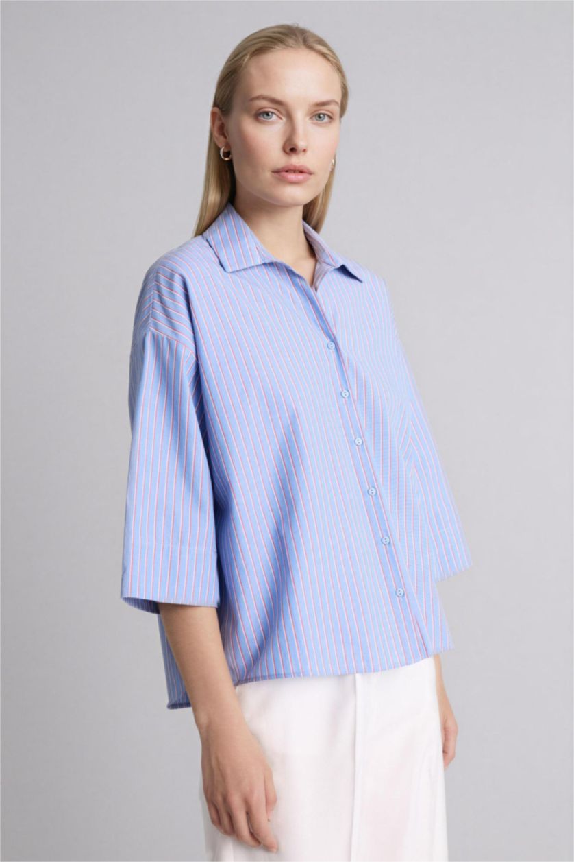 WOMAN Light Blue Relax Fit Shirt Collar Poplin Long Sleeve Shirt