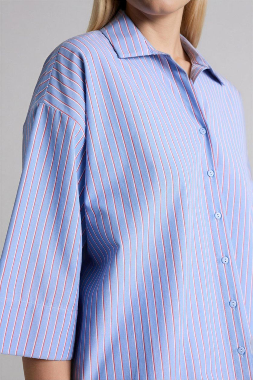 WOMAN Light Blue Relax Fit Shirt Collar Poplin Long Sleeve Shirt