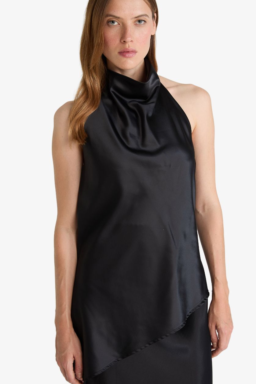 WOMAN Black Regular Fit Degaje Neck Sleeveless Blouse