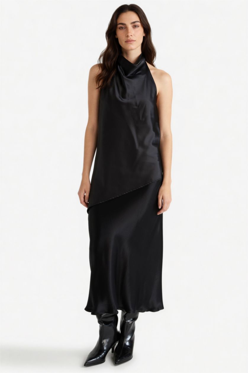 FEMME Noir Blouse sans manches en satin à col bénitier Coupe régulière