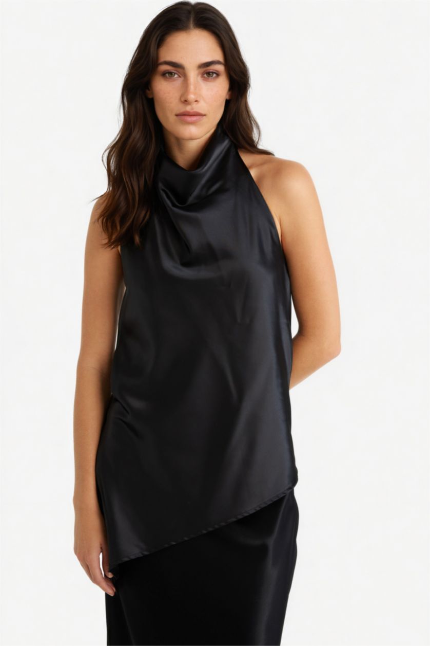 FEMME Noir Blouse sans manches en satin à col bénitier Coupe régulière