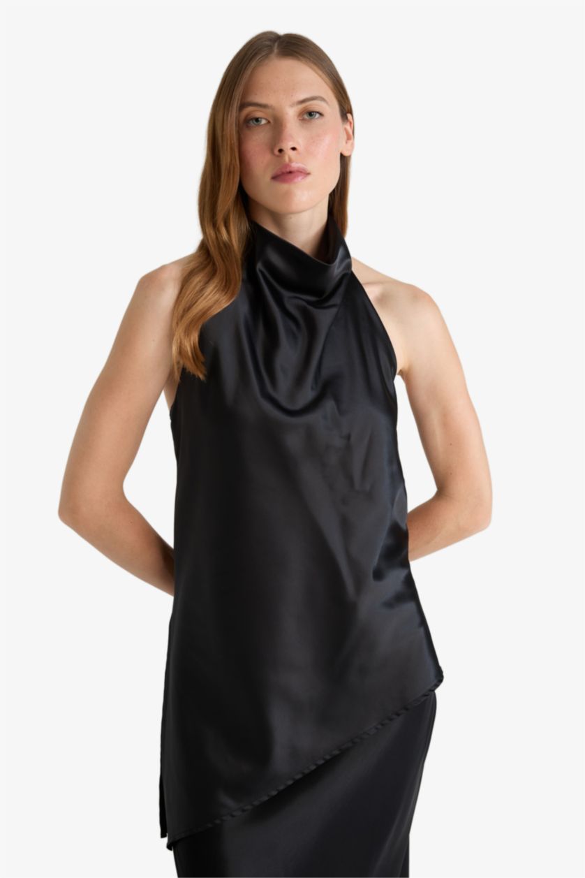 WOMAN Black Regular Fit Degaje Neck Sleeveless Blouse