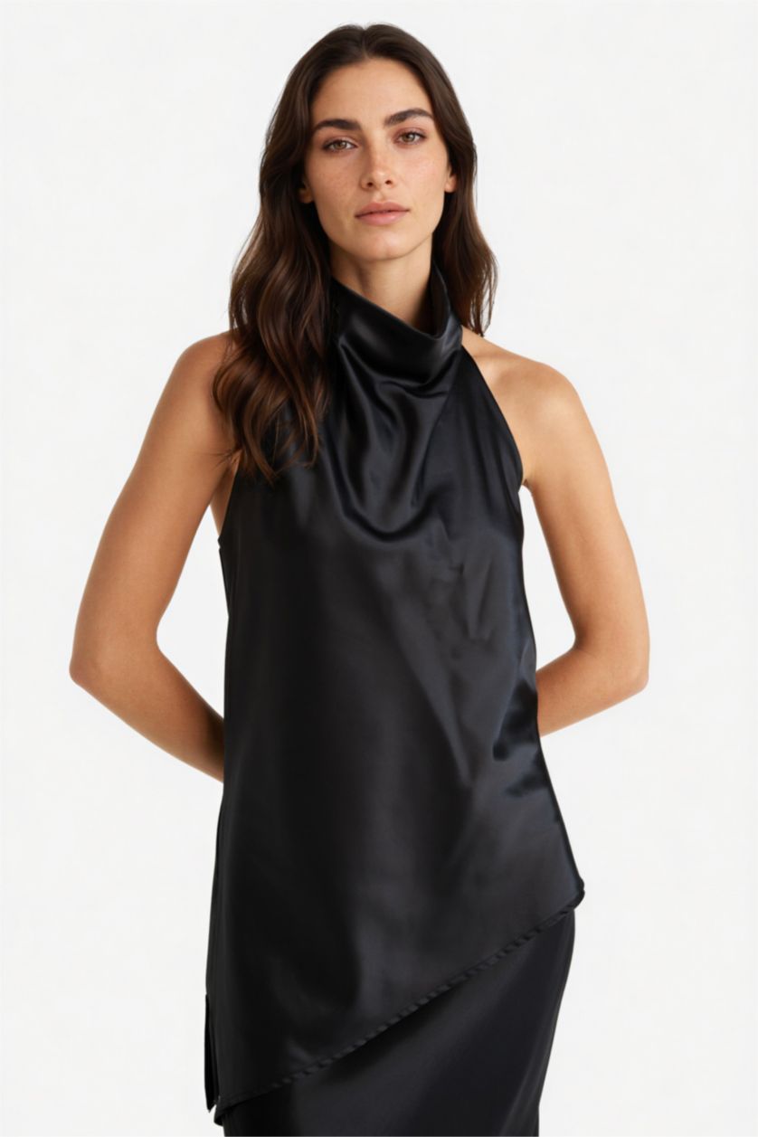 FEMME Noir Blouse sans manches en satin à col bénitier Coupe régulière