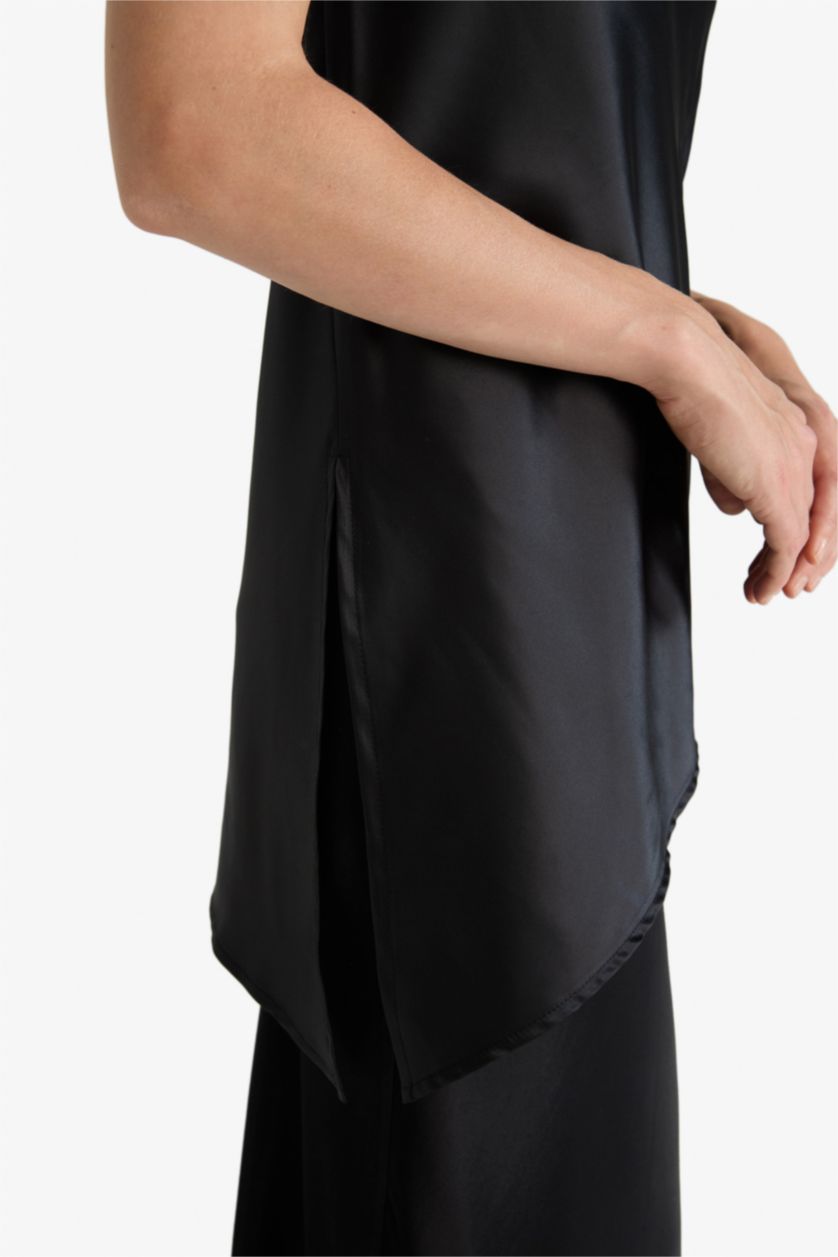 FEMME Noir Blouse sans manches en satin à col bénitier Coupe régulière