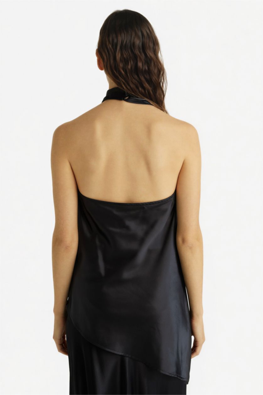 FEMME Noir Blouse sans manches en satin à col bénitier Coupe régulière