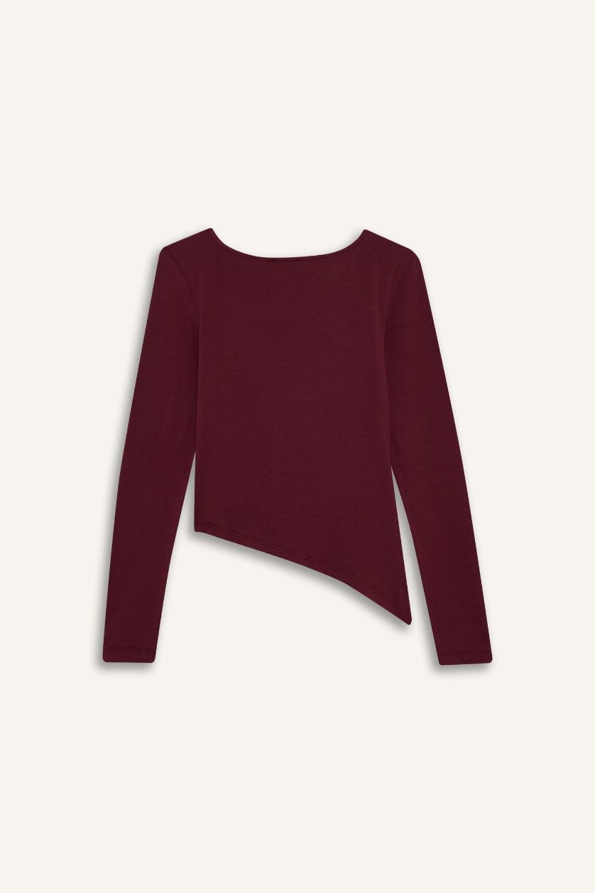 حريمي خمري تيشيرت تول كم طويل سليم فيت وياقة عريضة