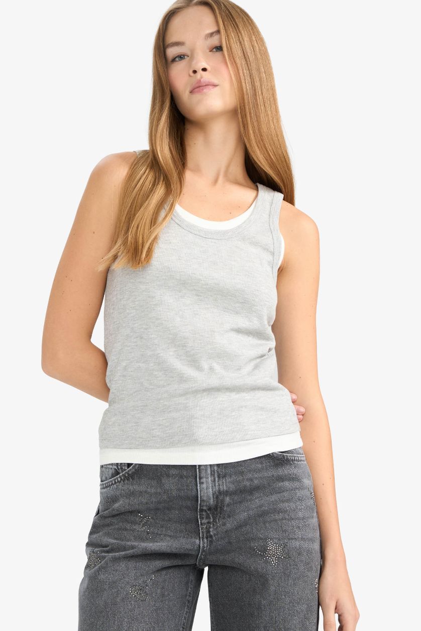 WOMAN Grey Melange Regular Fit Camisole V-Neck Tank Top