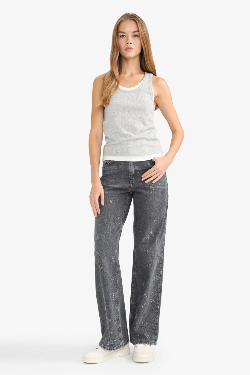 WOMAN Grey Melange Regular Fit Camisole V-Neck Tank Top