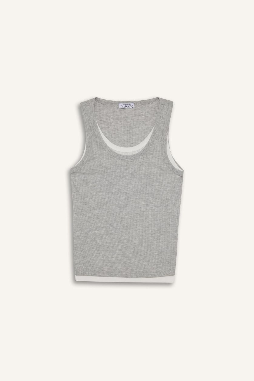 WOMAN Grey Melange Regular Fit Camisole V-Neck Tank Top