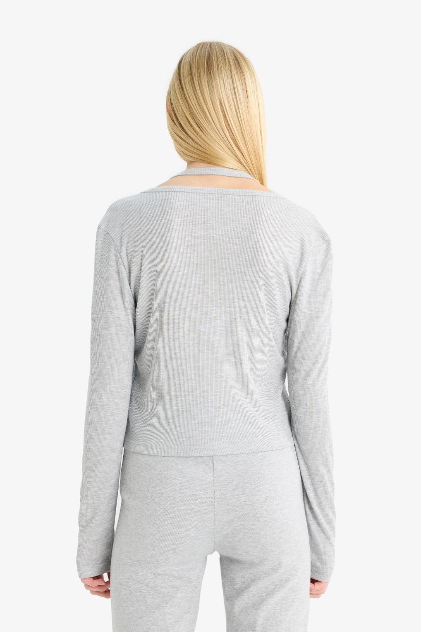 نساء ميلانج رمادي تيشيرت كم طويل مضلع