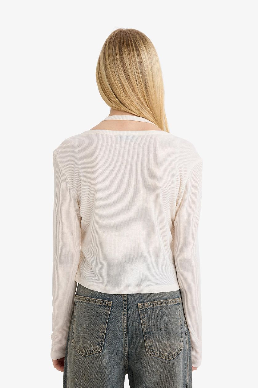 Kadın Kırık Beyaz Katmanlı Fitilli Kaşkorse Uzun Kollu Tişört