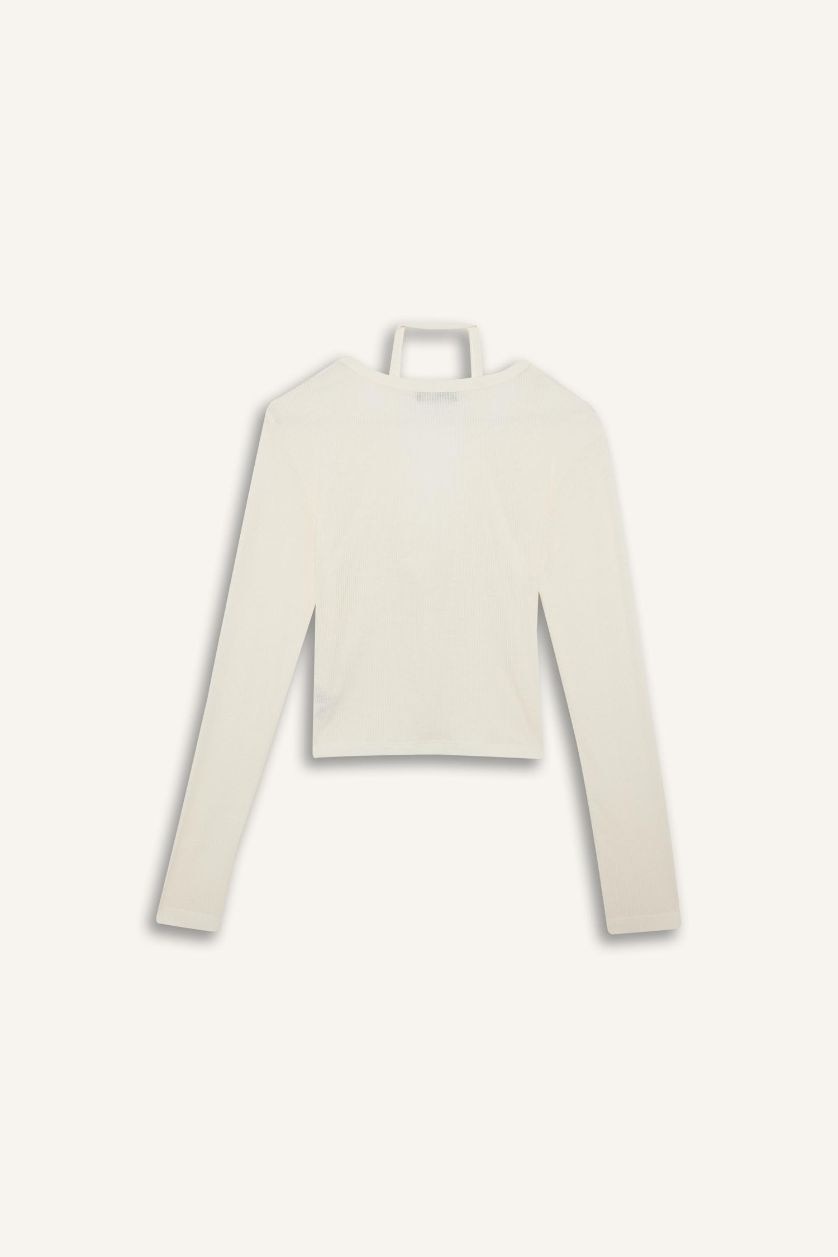 Kadın Kırık Beyaz Katmanlı Fitilli Kaşkorse Uzun Kollu Tişört