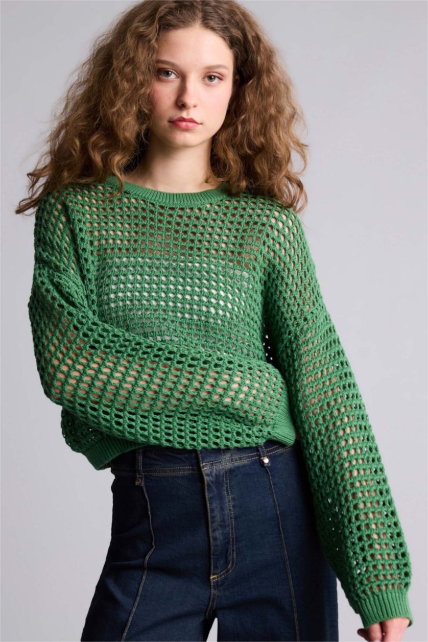 WOMAN Green Cropped Fit Crew Neck KniT Pullover