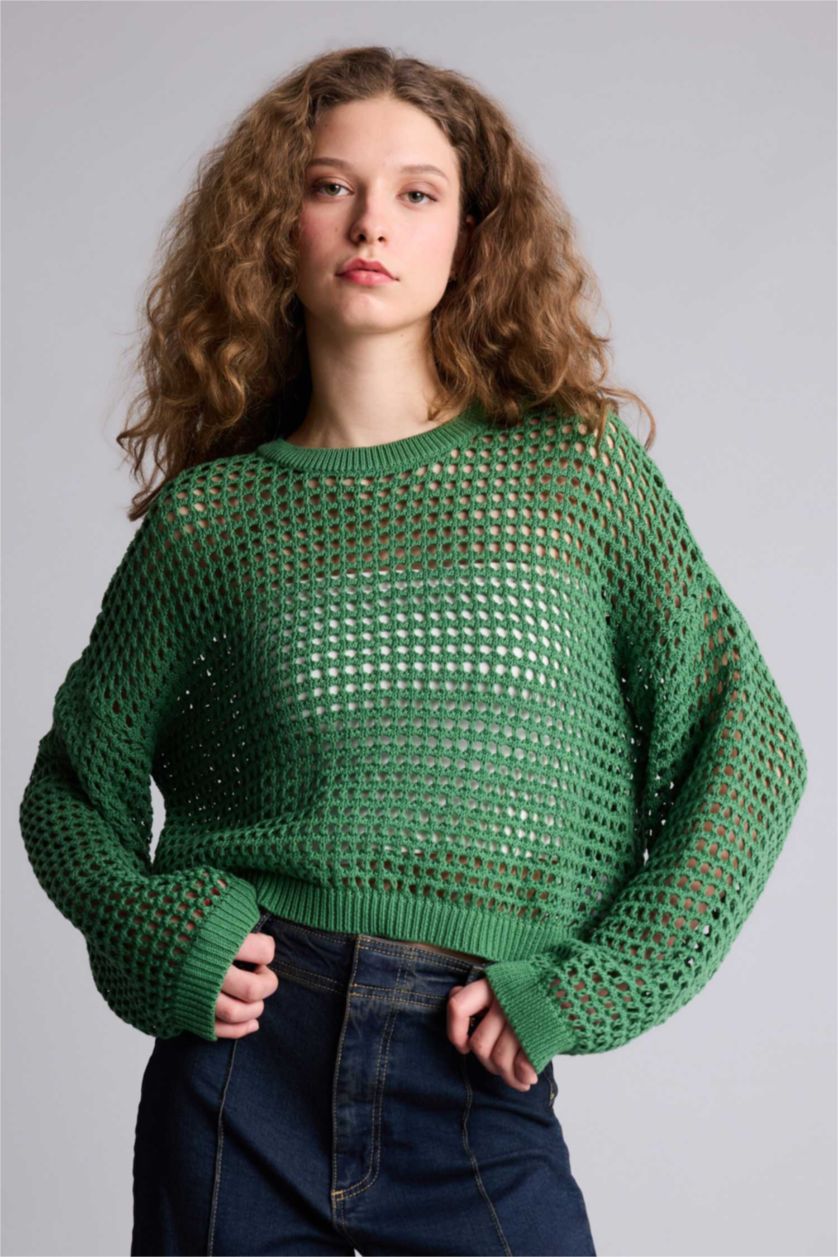 WOMAN Green Cropped Fit Crew Neck KniT Pullover