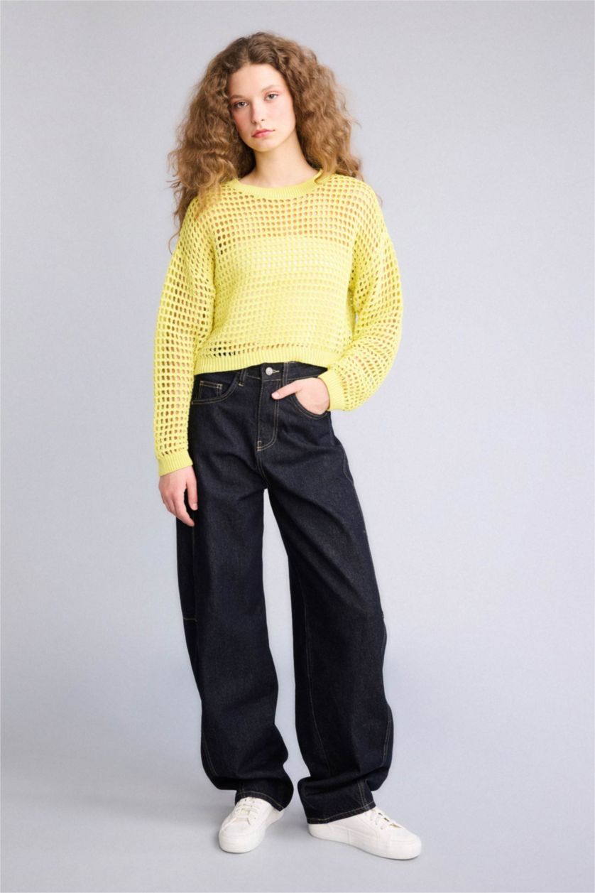 حريمي أصفر بلوفر تريكو كروب فيت بياقة مستديرة