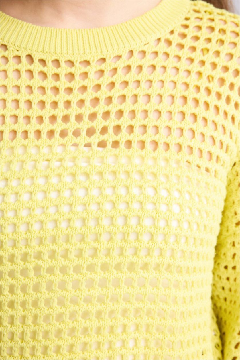 حريمي أصفر بلوفر تريكو كروب فيت بياقة مستديرة