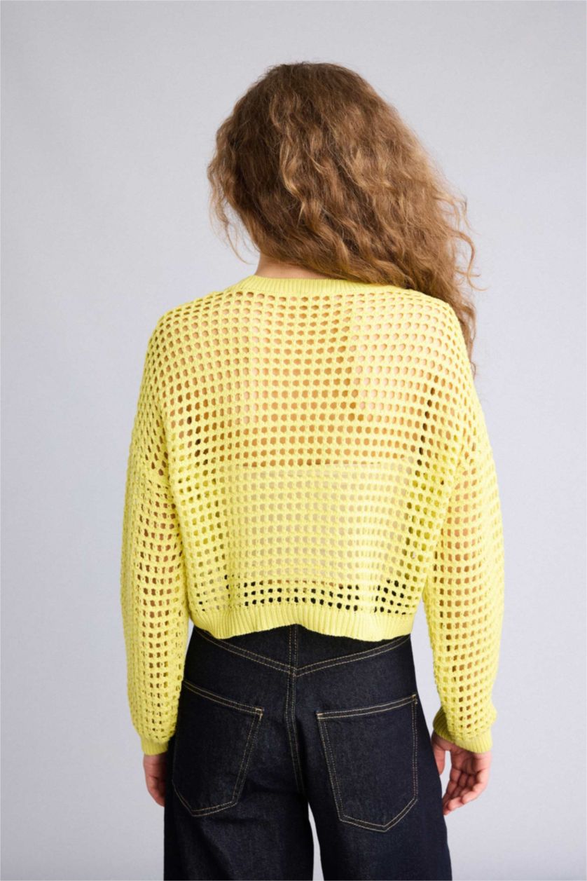 حريمي أصفر بلوفر تريكو كروب فيت بياقة مستديرة