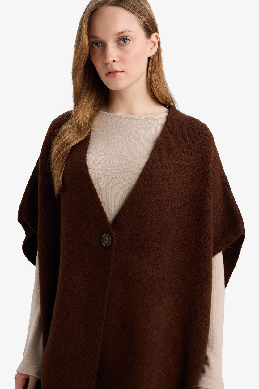 Kadın Kahve Relax Fıt V Yaka Triko Hırka