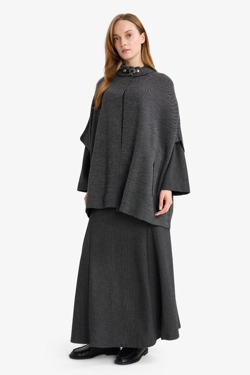 Woman Anthracite Melange High Neck Knitwear Cardigan