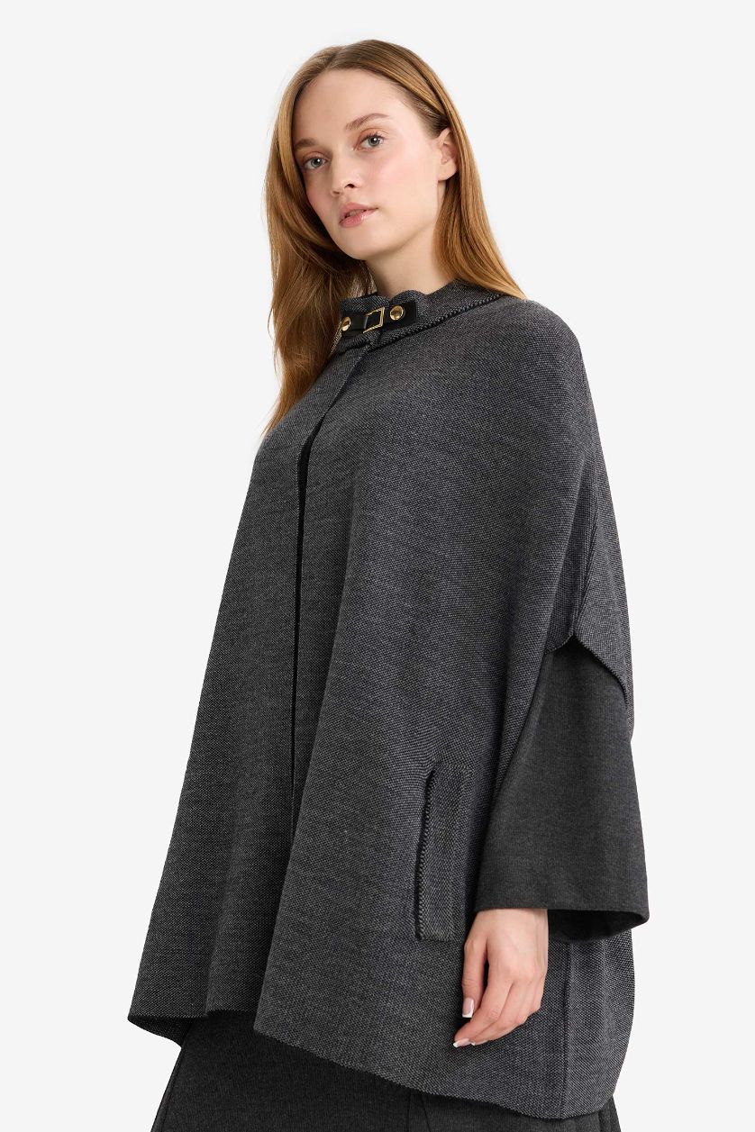 Woman Anthracite Melange High Neck Knitwear Cardigan